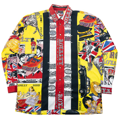 Vintage 90s Versace Jeans Couture Rock N Roll Royalty Print Button Up Shirt Size XL