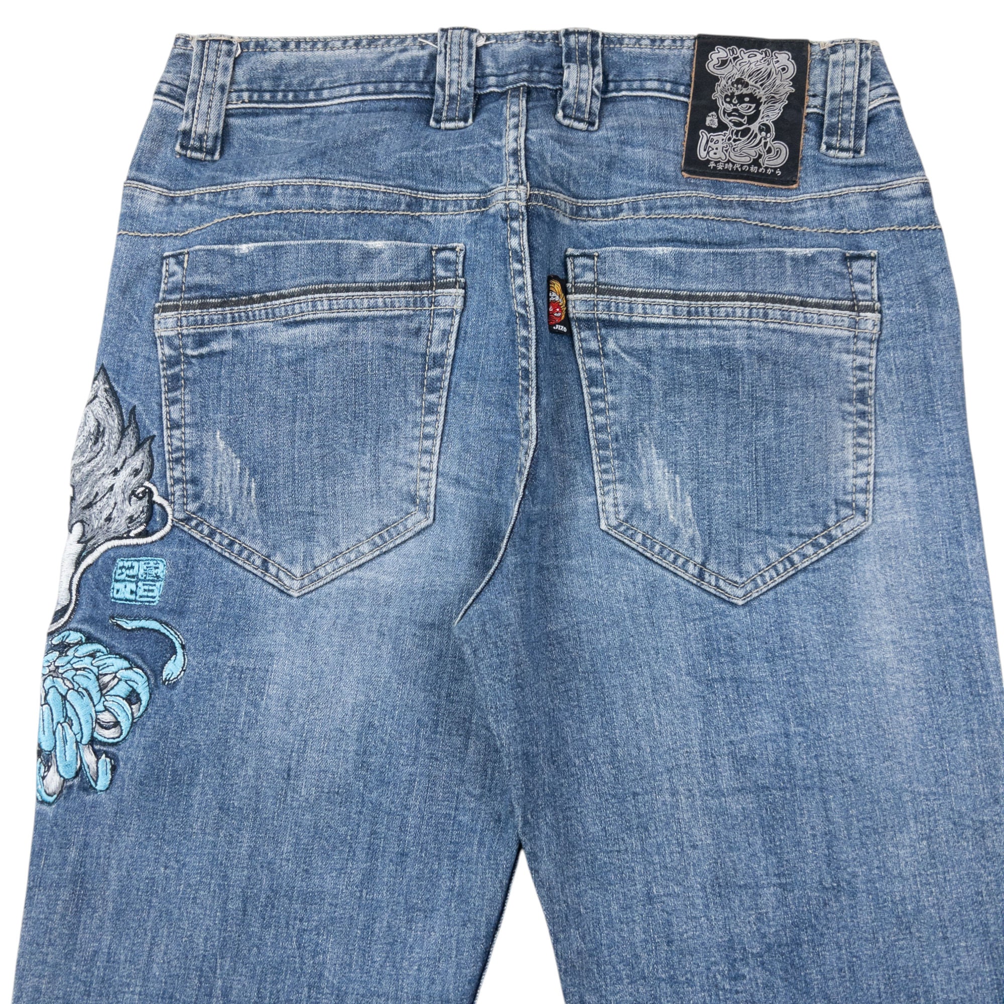 Vintage 2000s Jizo Bosatsu Embroidered Masked Troll Japanese Denim Jeans Size W29
