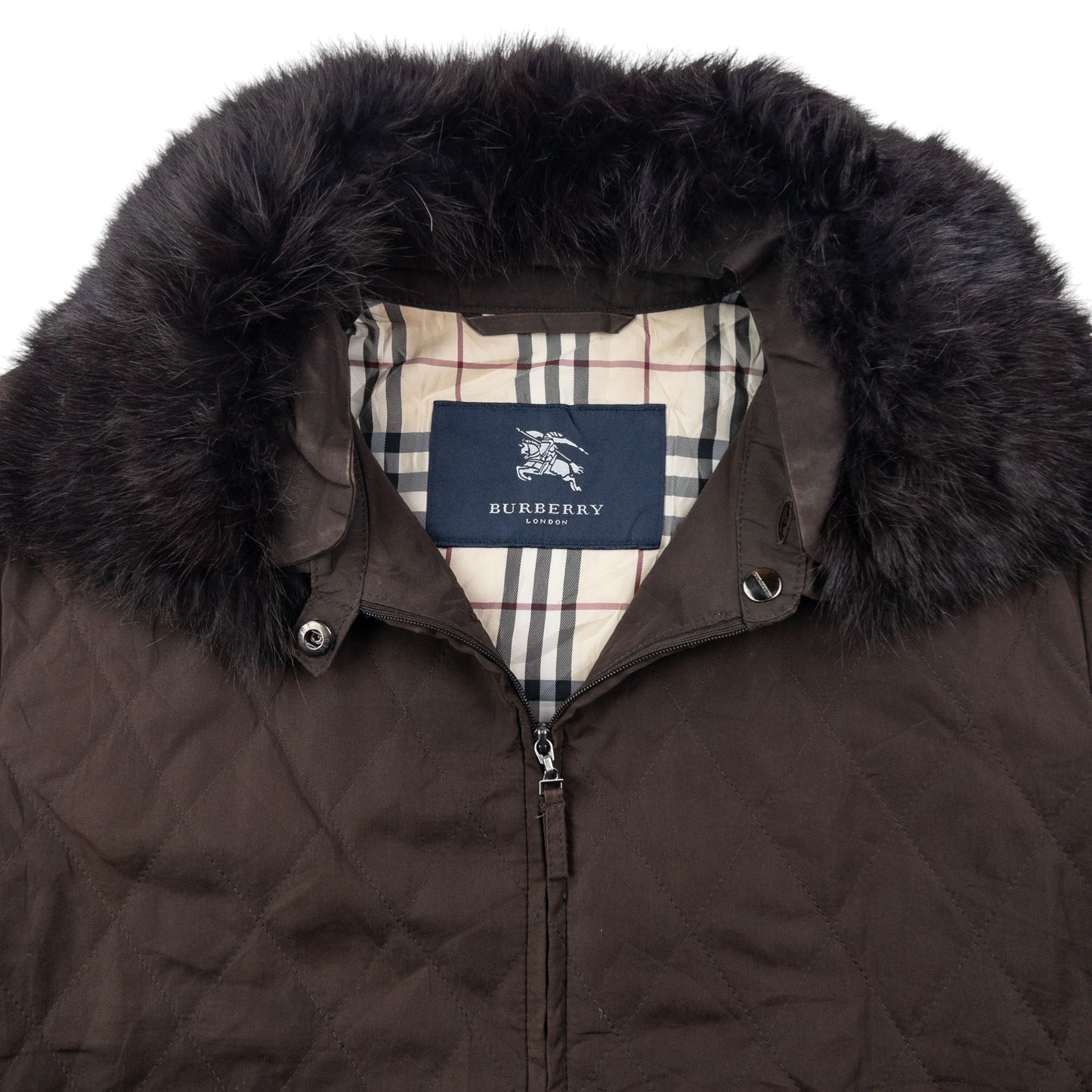 Vintage 2000s Burberry Nova Check Lined Fur Collar Quilted Jacket Womens Size L