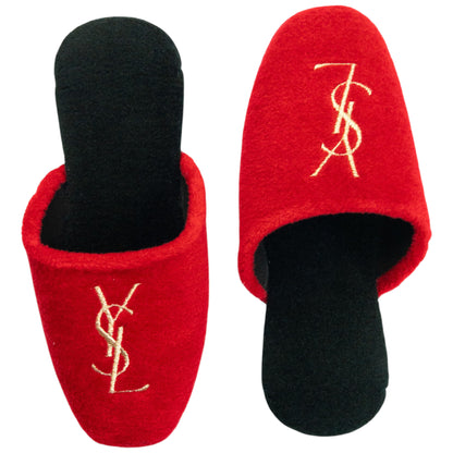 Vintage 80s YSL Yves Saint Laurent Embroidered Fleece Slippers Womens Size 6