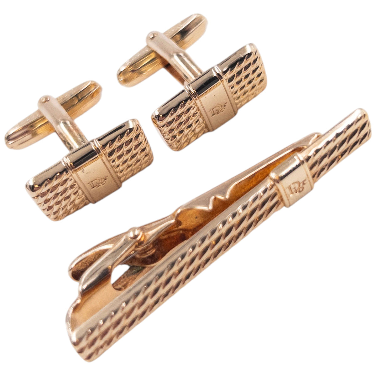 Vintage 90s Dior Embossed Tie Clip & Cufflinks