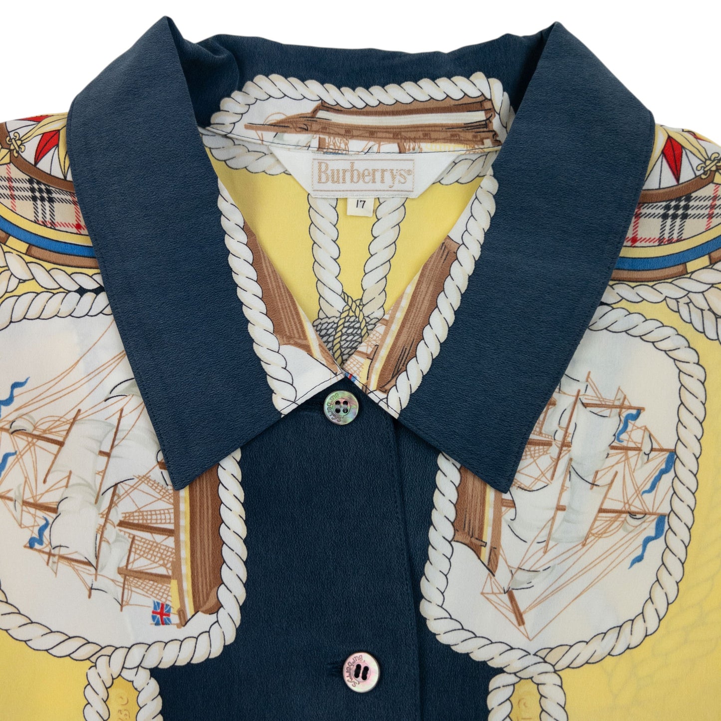 Vintage 80s Burberry Nautical Rope Ship Long Sleeve Button Up Silk Shirt Size L
