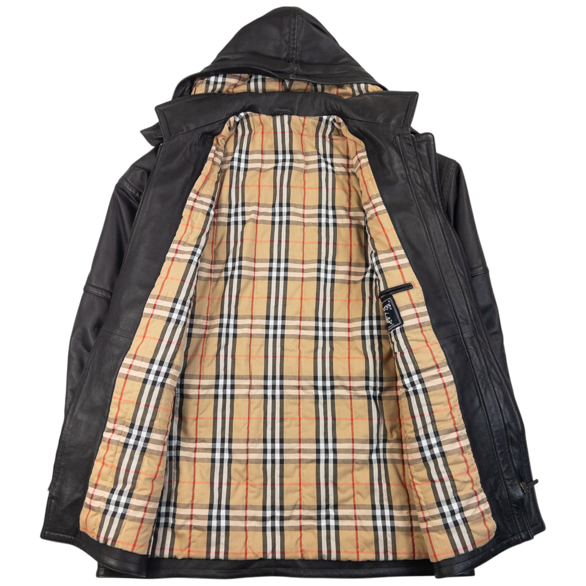Vintage 90s Burberry Nova Check Lined Leather Duffle Jacket Size XL