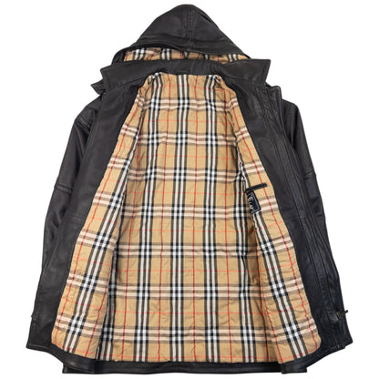 Vintage 90s Burberry Nova Check Lined Leather Duffle Jacket Size XL