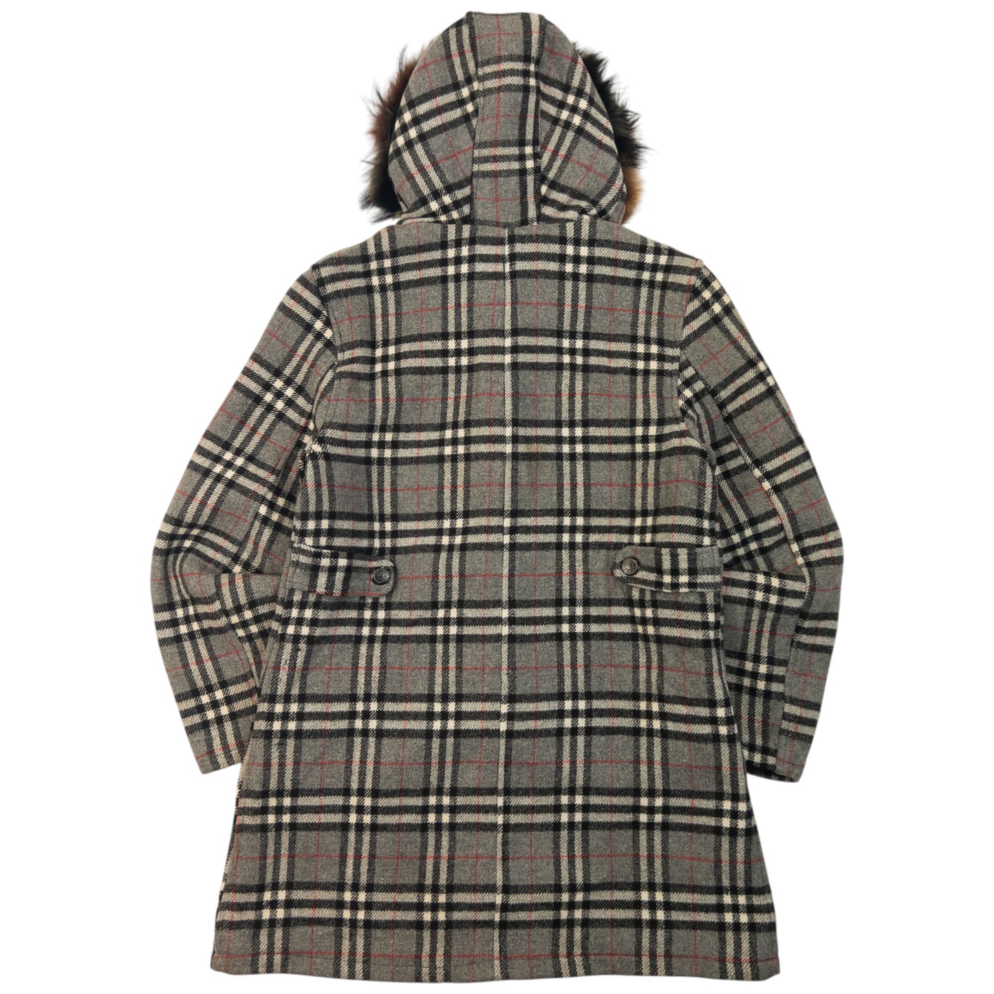 Vintage 90s Burberry Fur Hood Nova Check Wool Duffle Jacket Womens Size M