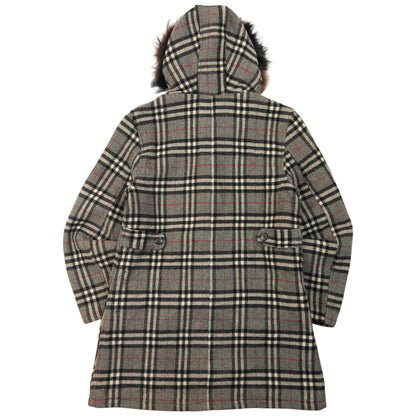 Vintage 90s Burberry Fur Hood Nova Check Wool Duffle Jacket Womens Size M