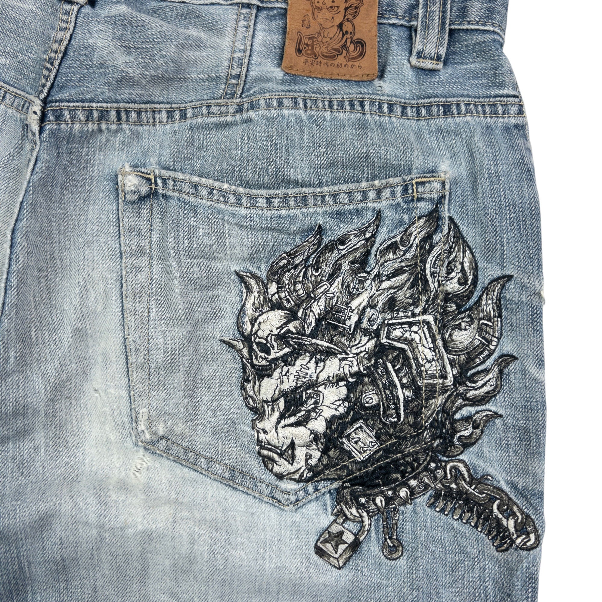 Vintage Jizo Bosatsu Embroidered Troll Japanese Denim Jeans Size W34