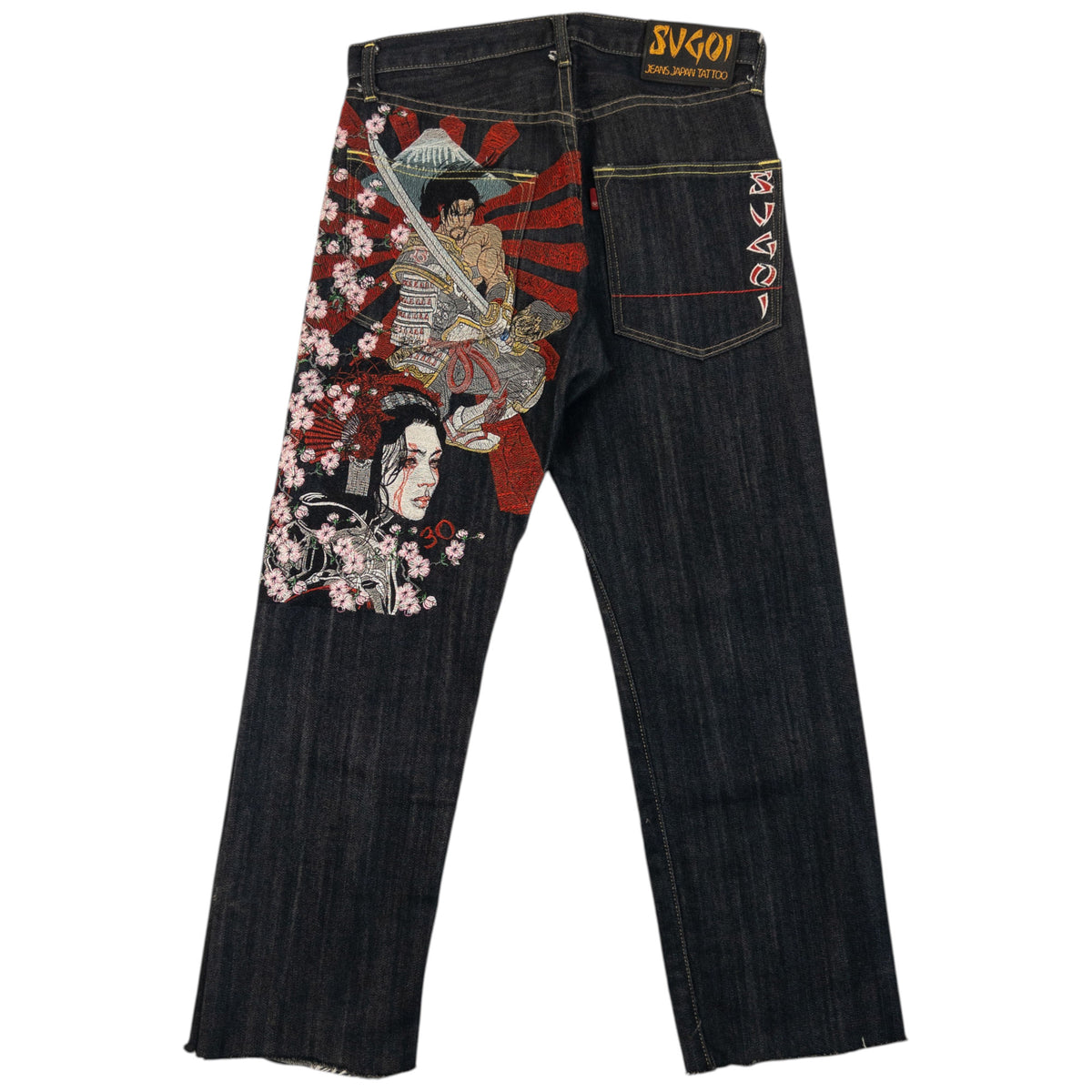 Vintage 2000s Sugoi Embroidered Samurai Geisha Japanese Denim Jeans Size W29