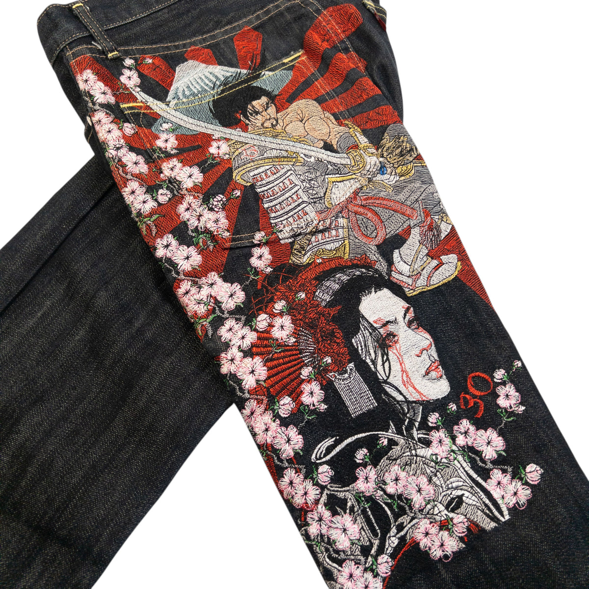 Vintage 2000s Sugoi Embroidered Samurai Geisha Japanese Denim Jeans Size W29