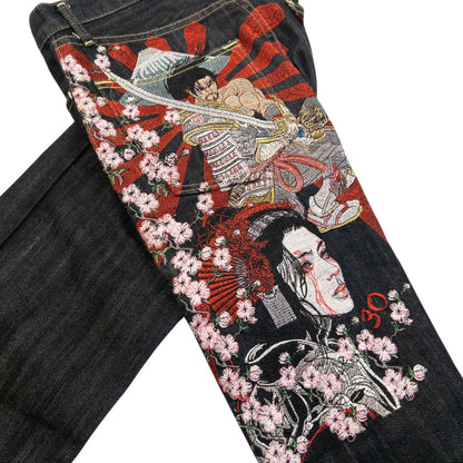 Vintage 2000s Sugoi Embroidered Samurai Geisha Japanese Denim Jeans Size W29
