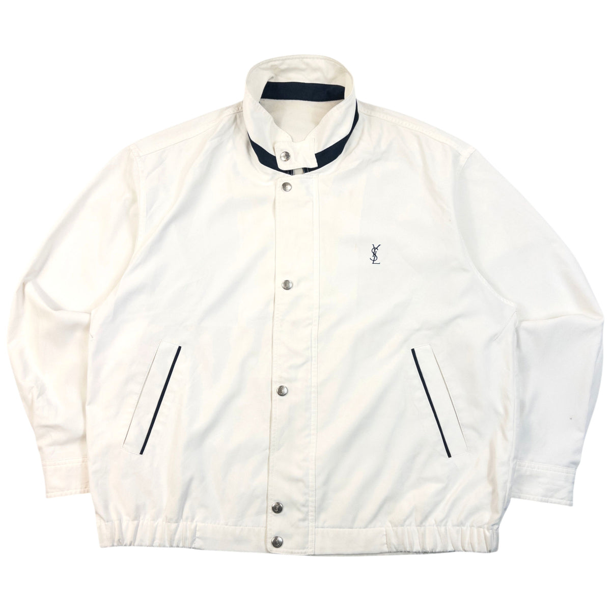Vintage 90s YSL Yves Saint Laurent Harrington Jacket in white, embroidered logo