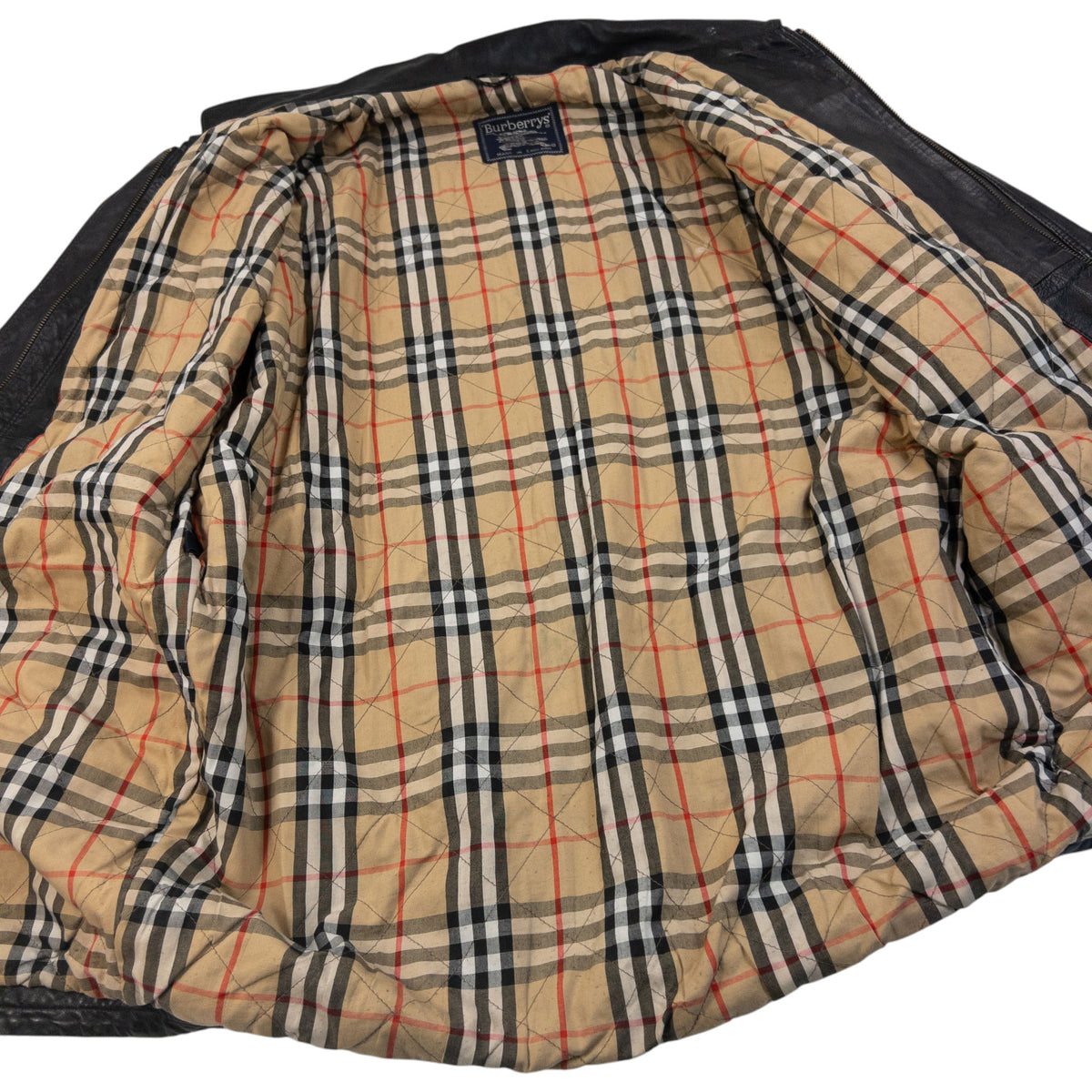 Vintage 90s Burberry Nova Check Lined Leather Duffle Jacket in black, photo 5