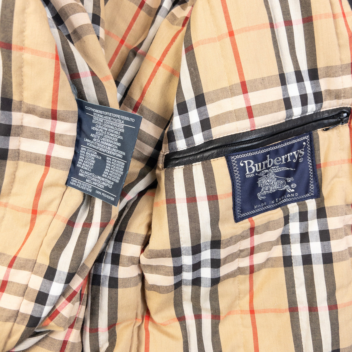 Vintage 90s Burberry Nova Check Lined Leather Duffle Jacket in black, photo 7