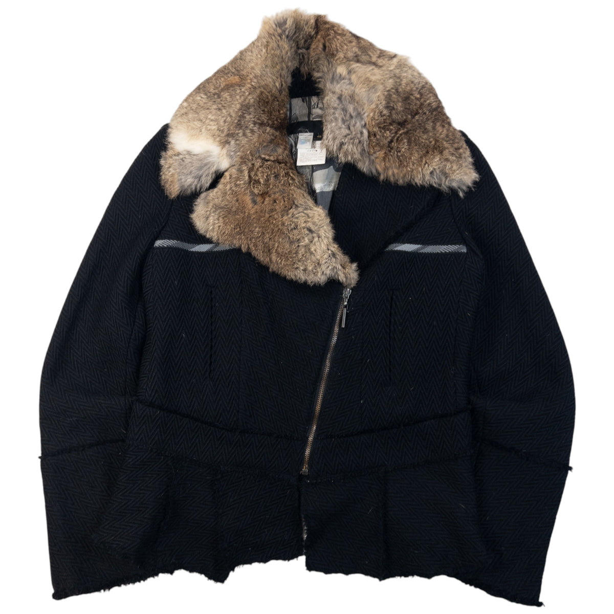 Vintage 2005 Cavalli Rabbit Fur Collar Asymmetrical Wool Jacket Womens Size L