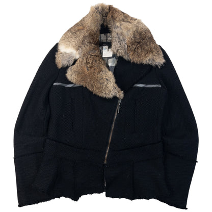 Vintage 2005 Cavalli Rabbit Fur Collar Asymmetrical Wool Jacket Womens Size L
