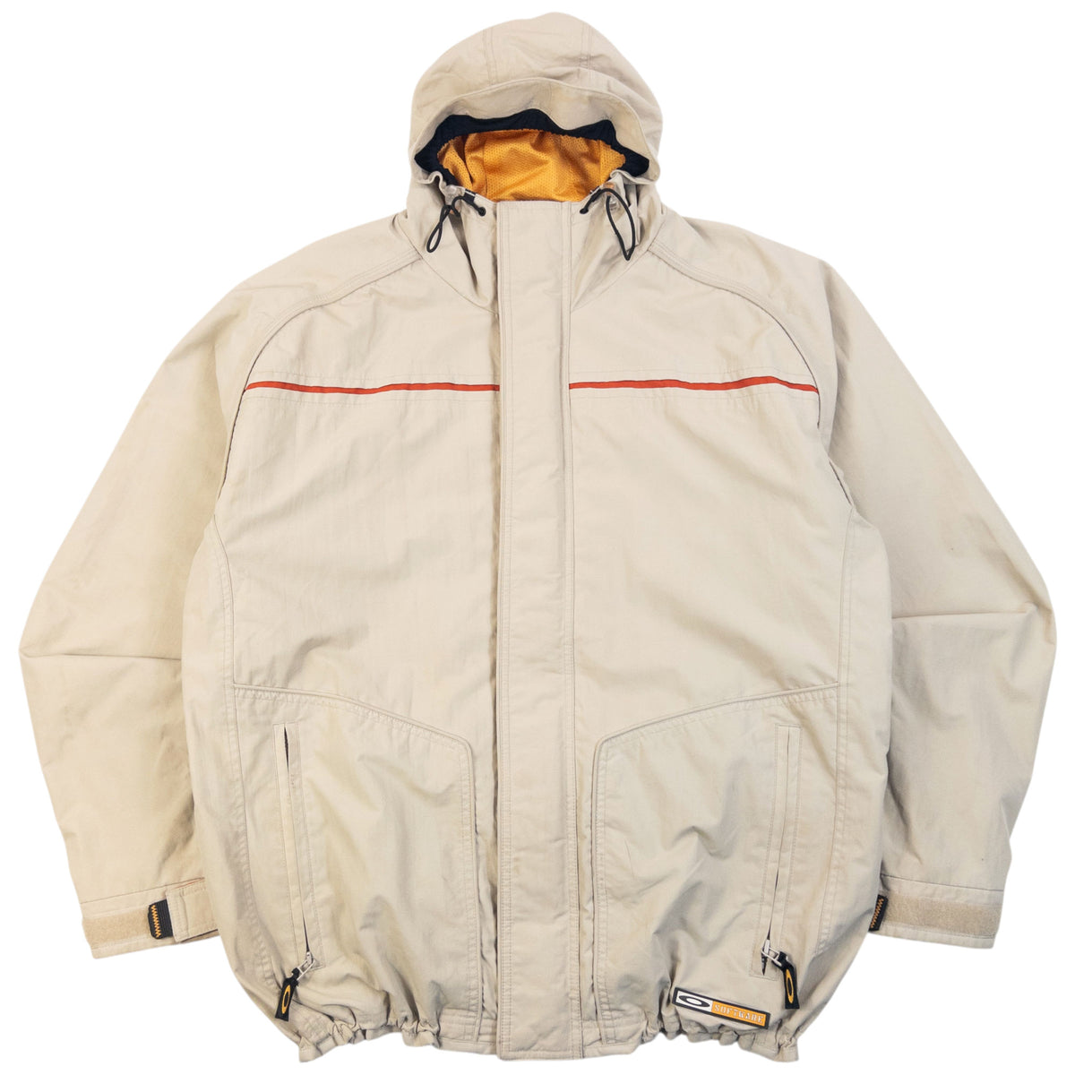 Vintage 2000s Oakley Zip Up Snowboarding Jacket in beige, adjustable elastic and velcro features