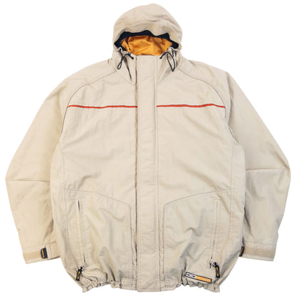 Vintage 2000s Oakley Zip Up Snowboarding Jacket in beige, adjustable elastic and velcro features