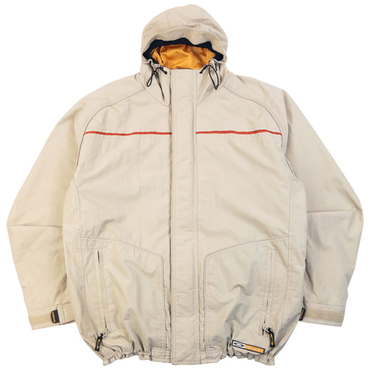 Vintage 2000s Oakley Zip Up Snowboarding Jacket in beige, adjustable elastic and velcro features