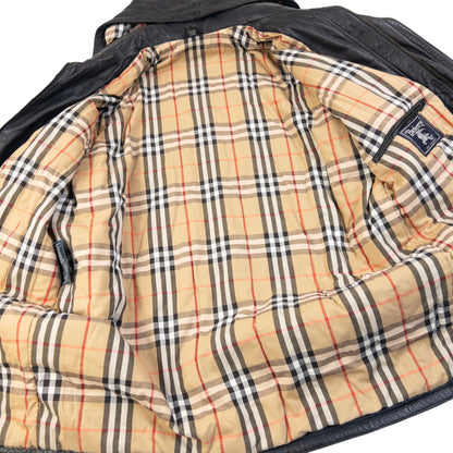 Vintage 90s Burberry Nova Check Lined Leather Duffle Jacket in black, photo 6