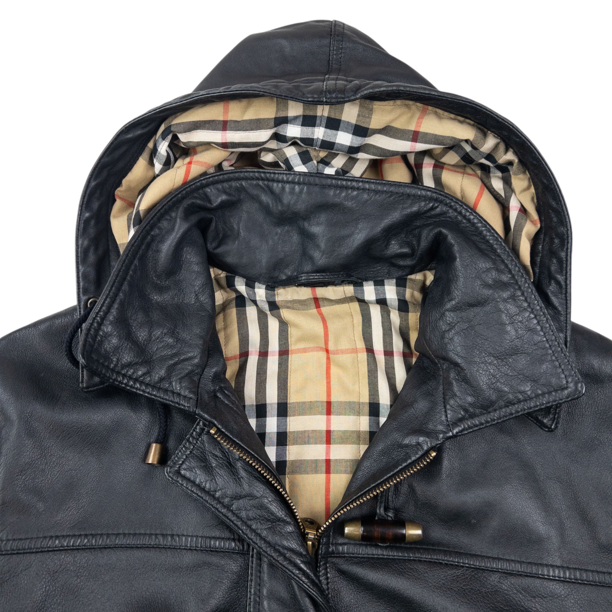 Vintage 2000s Burberry Nova Check Lined Leather Duffle Jacket Size M