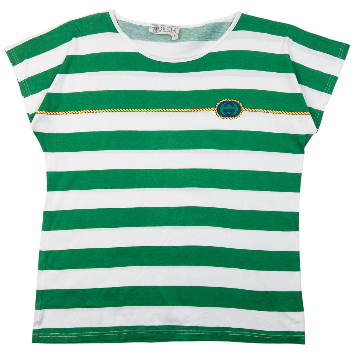 Vintage 80s Gucci Striped T Shirt in green, logo rope detail