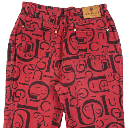 Vintage 90s Gucci Monogram Denim Jeans in red, photo 3