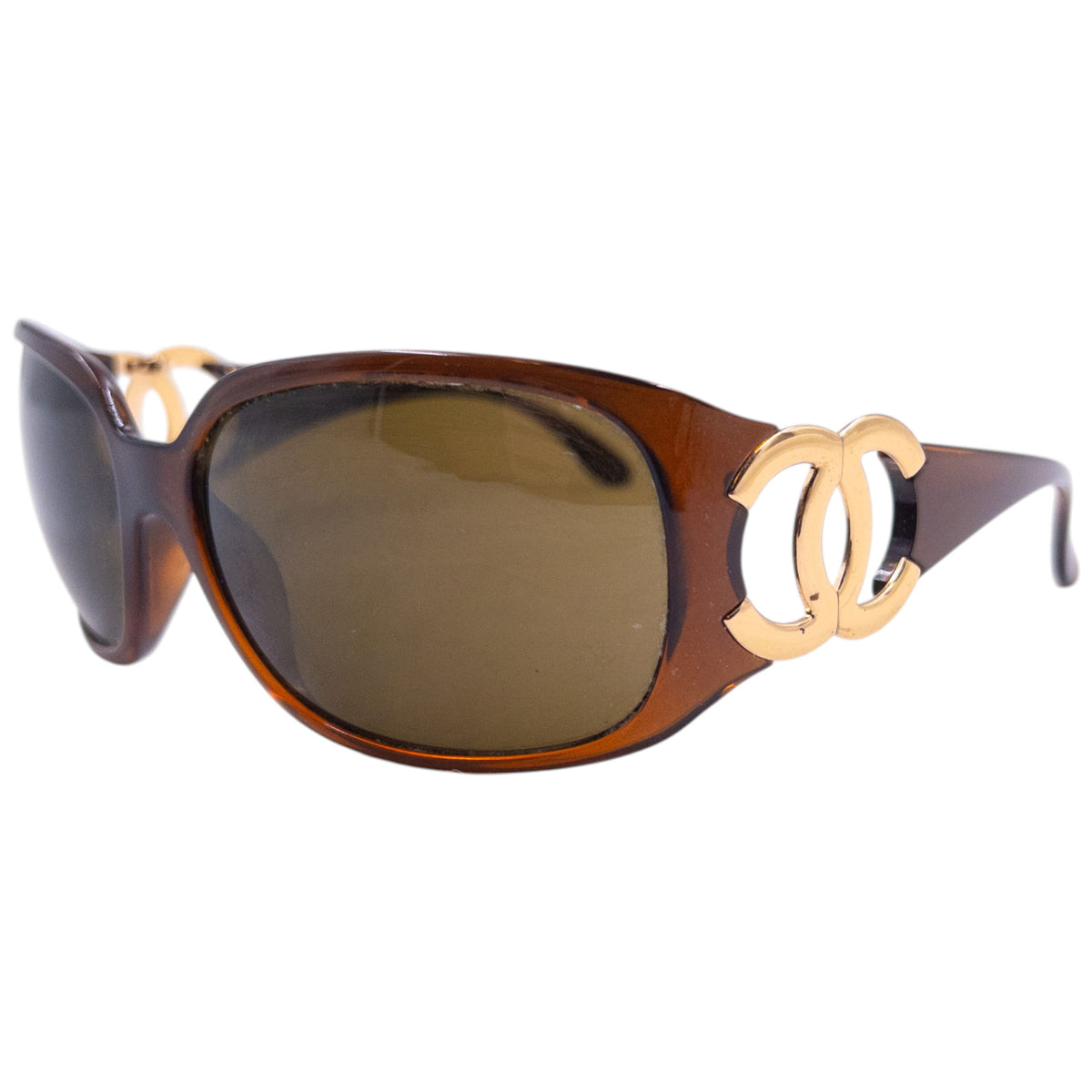 Vintage 2000s Chanel Logo Sunglasses in brown, gold logo frame detail