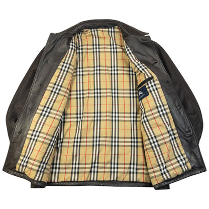 Vintage 2000s Burberry Nova Check Lined Leather Jacket Size XL
