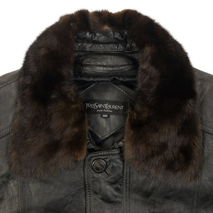 Vintage 90s YSL Yves Saint Laurent Fur Collar Leather Jacket Size L