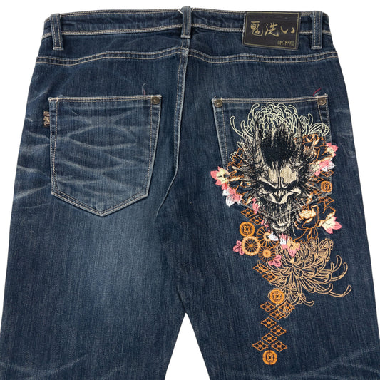 Vintage Oniarai Embroidered Floral Monster Japanese Denim Jeans Size W34