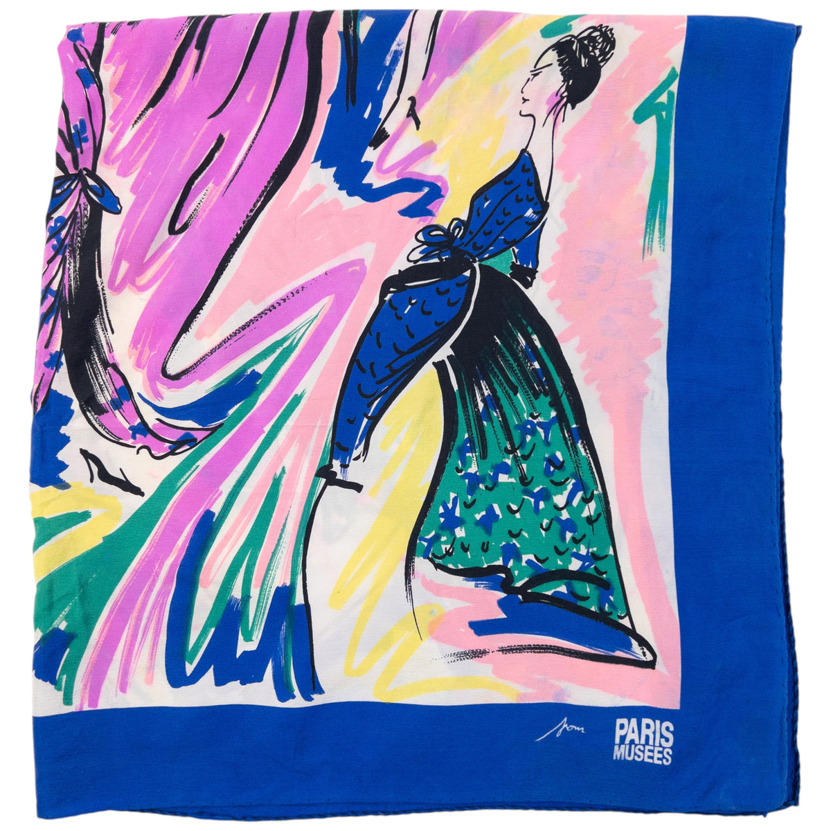 Vintage 90s Balenciaga Paris Musees Illustrated Silk Scarf in blue, photo 3