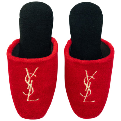Vintage 80s YSL Yves Saint Laurent Embroidered Fleece Slippers Womens Size 6