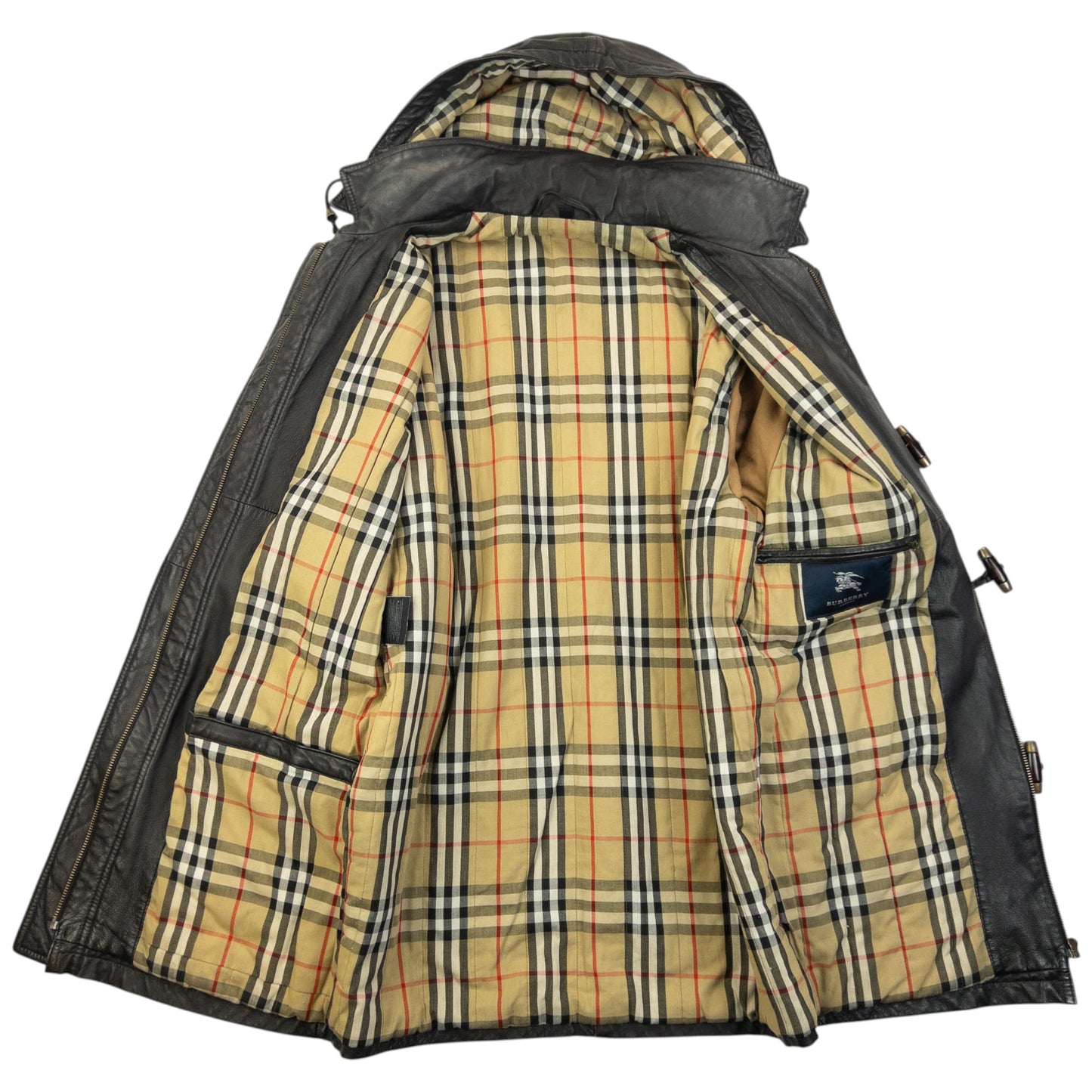 Vintage 2000s Burberry Nova Check Lined Leather Duffle Jacket Size M