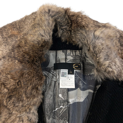 Vintage 2005 Cavalli Rabbit Fur Collar Asymmetrical Wool Jacket Womens Size L
