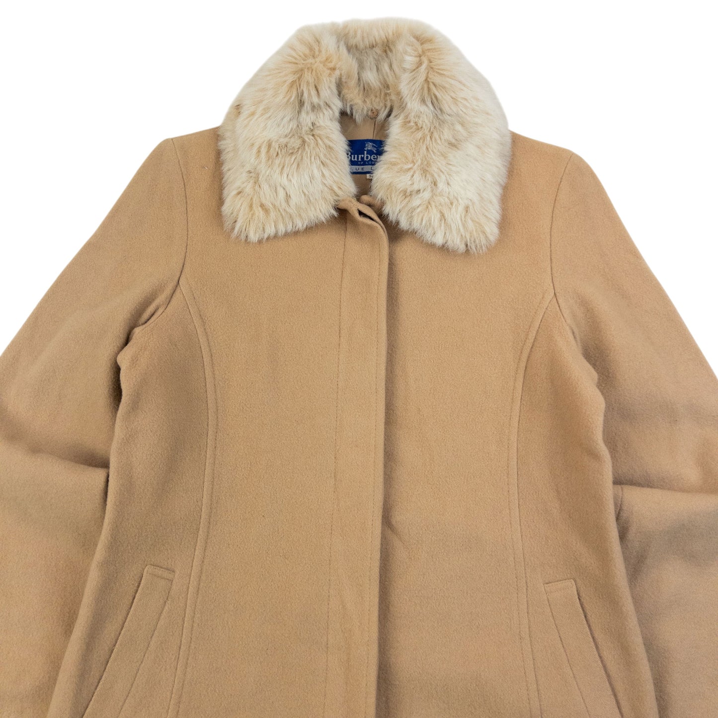 Vintage 90s Burberry Fur Collar Longline Wool Jacket Womens Size M
