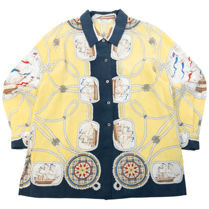 Vintage 80s Burberry Nautical Rope Ship Long Sleeve Button Up Silk Shirt Size L