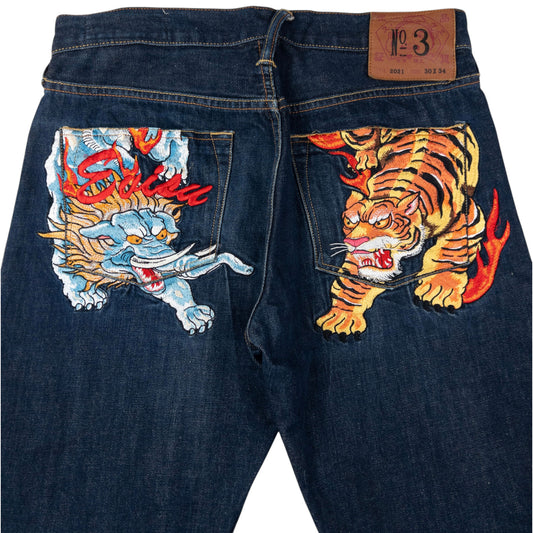 Vintage Evisu Embroidered Elephant & Tiger Japanese Denim Jeans Size W30