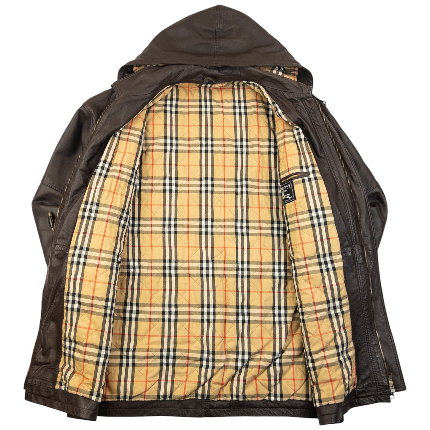Vintage 90s Burberry Nova Check Lined Leather Duffle Jacket Size XL