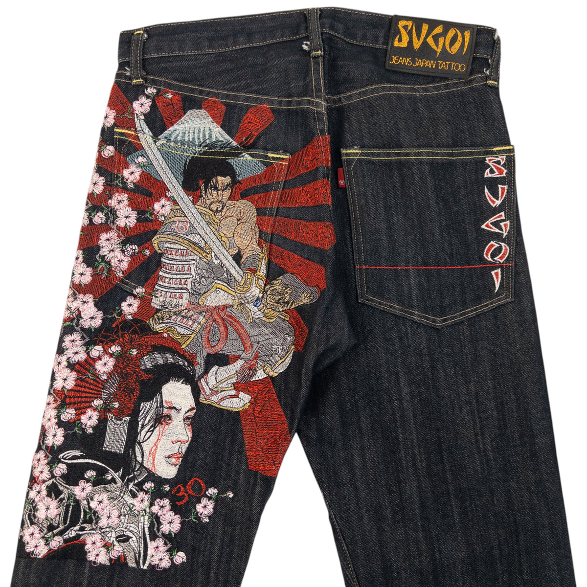 Vintage 2000s Sugoi Embroidered Samurai Geisha Japanese Denim Jeans Size W29
