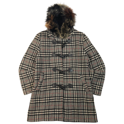 Vintage 90s Burberry Fur Hood Nova Check Wool Duffle Jacket Womens Size M
