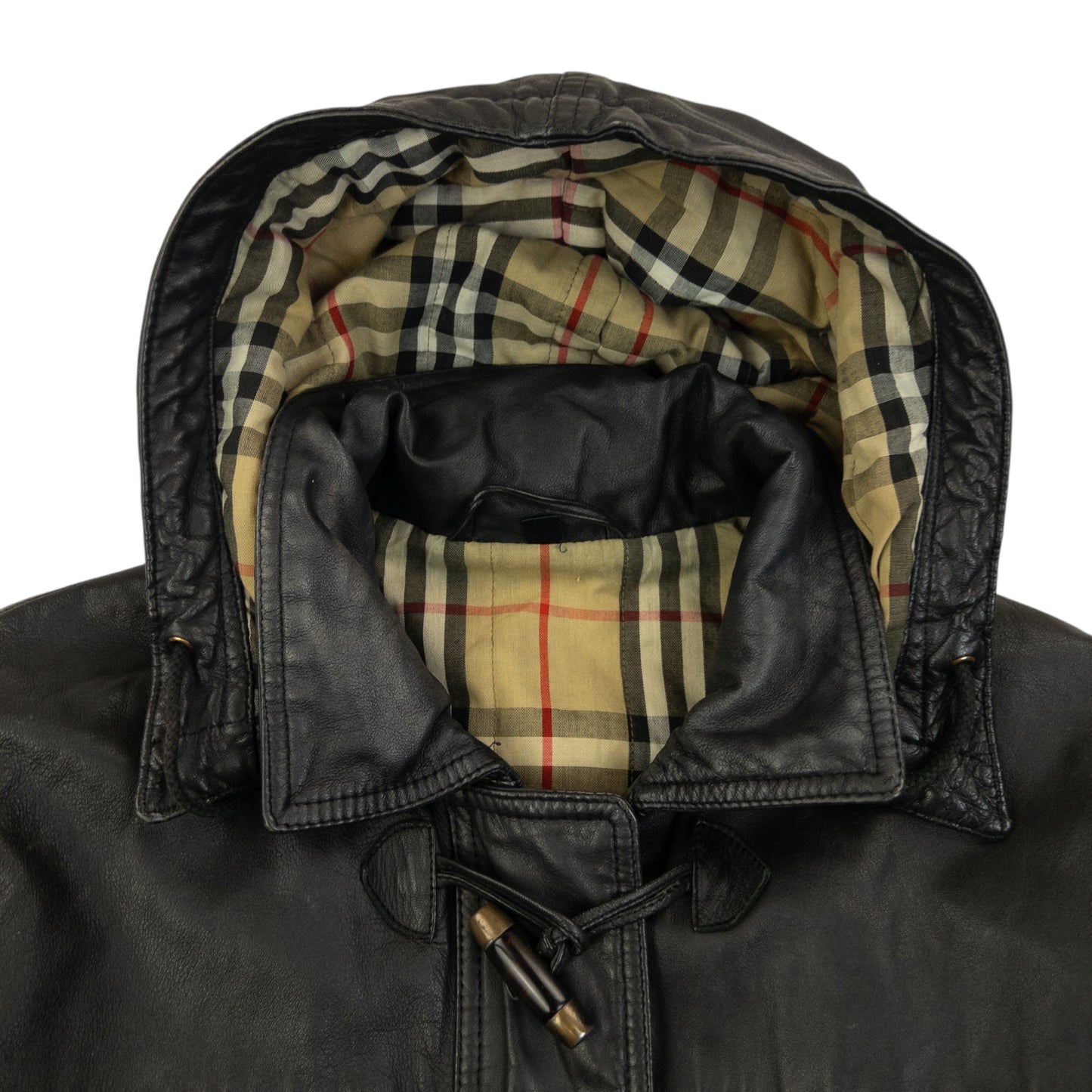 Vintage 2000s Burberry Nova Check Lined Leather Duffle Jacket Size M