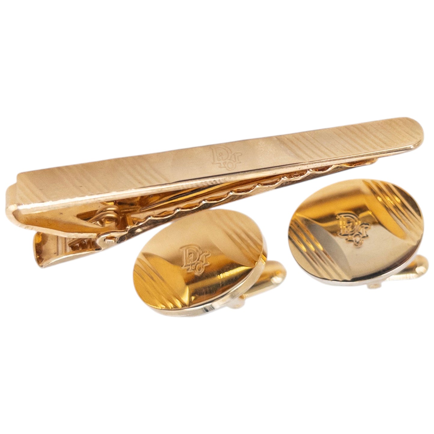 Vintage 80s Dior Embossed Cufflinks & Tie Clip Set