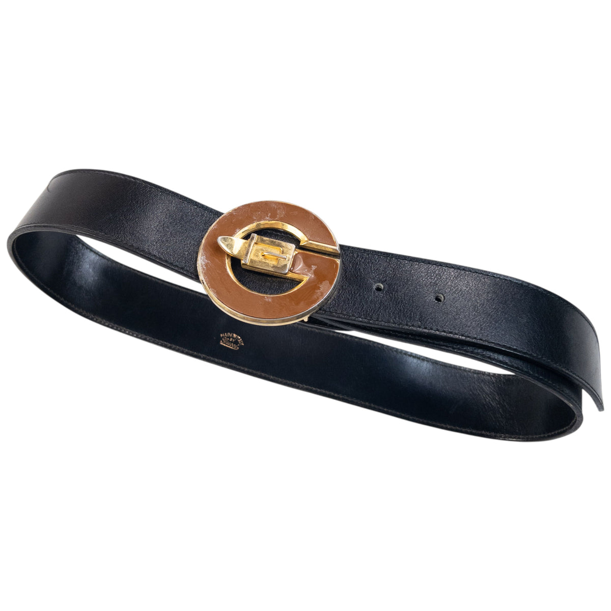 Vintage 90s Gucci Leather Belt in black, orange brown g buckle with embossed detail