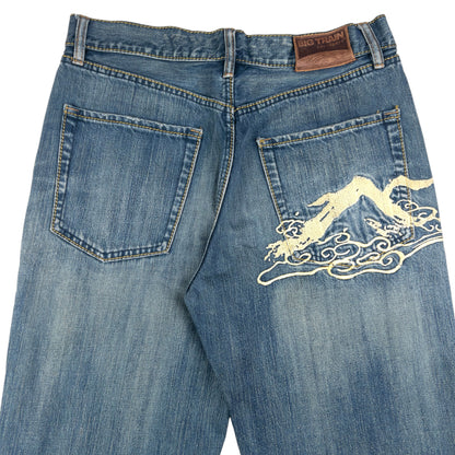 Vintage Big Train Embroidered Mountain Japanese Denim Jeans Size W32