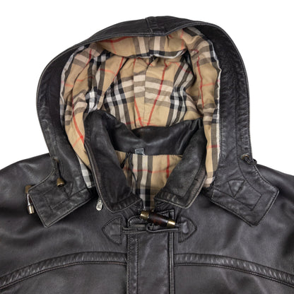Vintage Burberry Nova Check Lined Leather Duffle Jacket Size XL