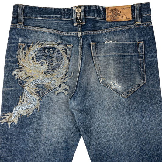 Vintage Big Train Embroidered Dragon Japanese Denim Jeans Size W36