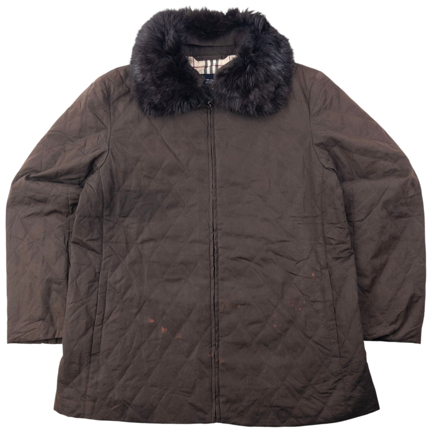 Vintage 2000s Burberry Nova Check Lined Fur Collar Quilted Jacket Womens Size L