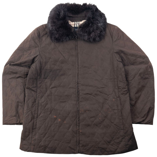 Vintage 2000s Burberry Nova Check Lined Fur Collar Quilted Jacket Womens Size L