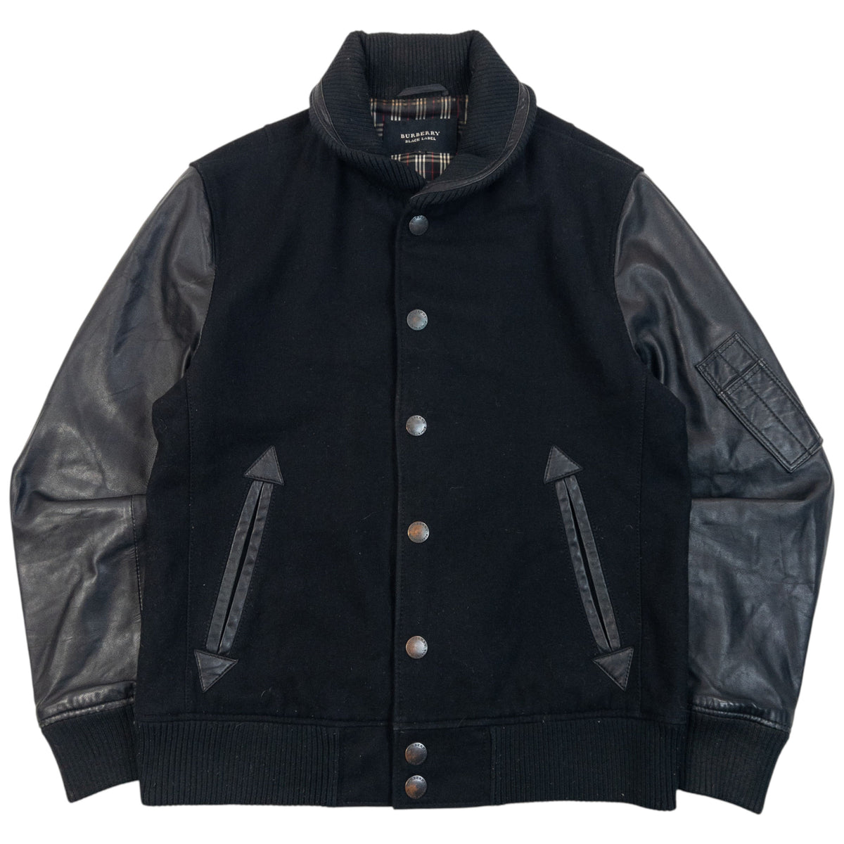 Vintage 2000s Burberry Black Label Leather Sleeve Wool Jacket, embossed fastenings
