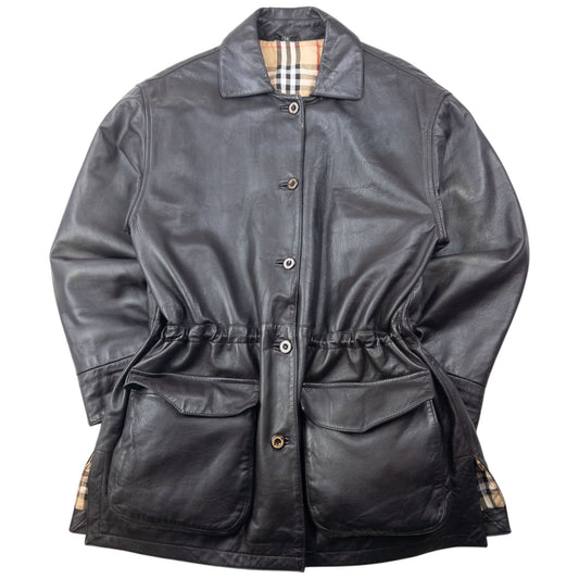 Vintage 90s Burberry Nova Check Lined Leather Jacket Size L